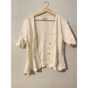 Vtg Visions NY Crochet Knit Cardigan Cropped Petite LARGE Ivory Cottagecore y2k